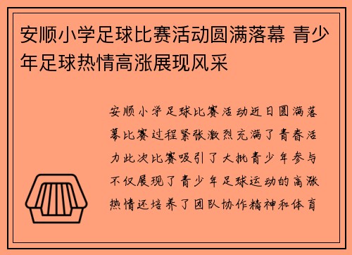 安顺小学足球比赛活动圆满落幕 青少年足球热情高涨展现风采