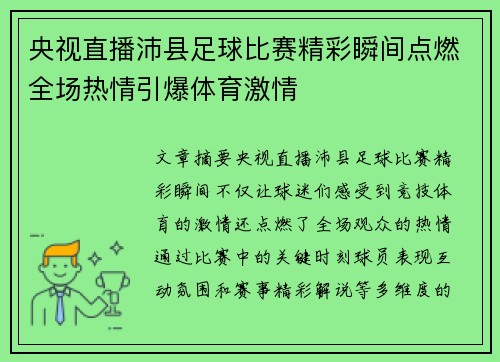 央视直播沛县足球比赛精彩瞬间点燃全场热情引爆体育激情