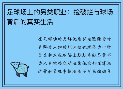 足球场上的另类职业：捡破烂与球场背后的真实生活