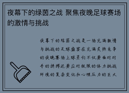 夜幕下的绿茵之战 聚焦夜晚足球赛场的激情与挑战