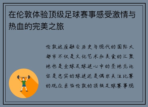 在伦敦体验顶级足球赛事感受激情与热血的完美之旅