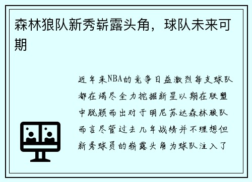 森林狼队新秀崭露头角，球队未来可期