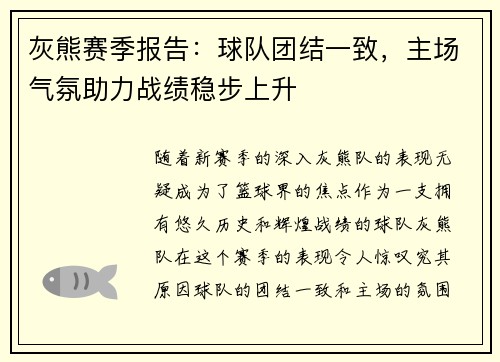 灰熊赛季报告：球队团结一致，主场气氛助力战绩稳步上升
