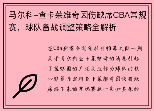 马尔科-查卡莱维奇因伤缺席CBA常规赛，球队备战调整策略全解析