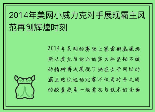 2014年美网小威力克对手展现霸主风范再创辉煌时刻