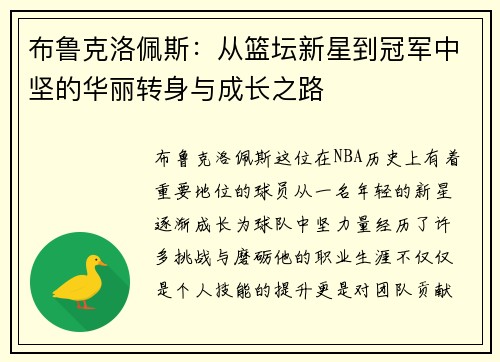 布鲁克洛佩斯：从篮坛新星到冠军中坚的华丽转身与成长之路
