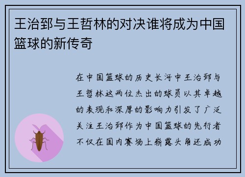 王治郅与王哲林的对决谁将成为中国篮球的新传奇