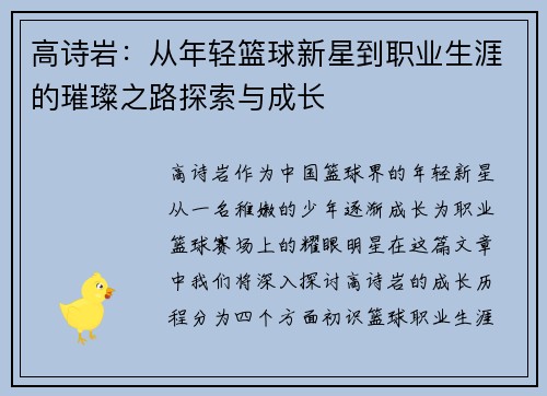 高诗岩：从年轻篮球新星到职业生涯的璀璨之路探索与成长