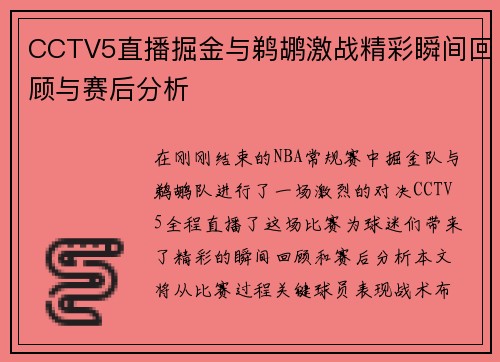 CCTV5直播掘金与鹈鹕激战精彩瞬间回顾与赛后分析