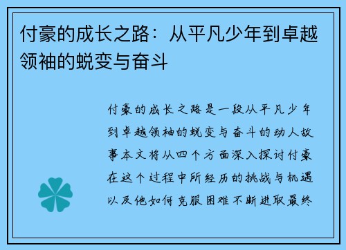 付豪的成长之路：从平凡少年到卓越领袖的蜕变与奋斗