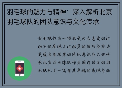 羽毛球的魅力与精神：深入解析北京羽毛球队的团队意识与文化传承