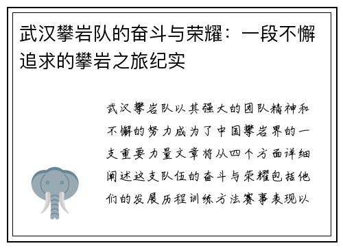 武汉攀岩队的奋斗与荣耀：一段不懈追求的攀岩之旅纪实