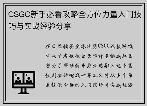 CSGO新手必看攻略全方位力量入门技巧与实战经验分享