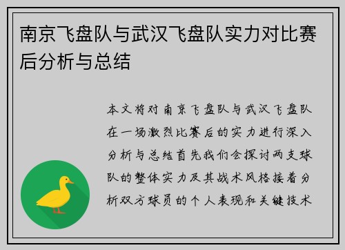 南京飞盘队与武汉飞盘队实力对比赛后分析与总结