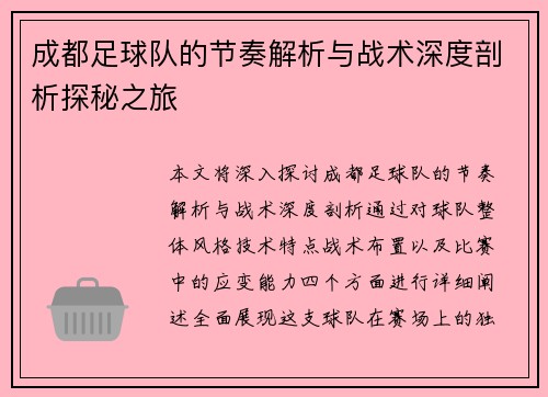 成都足球队的节奏解析与战术深度剖析探秘之旅